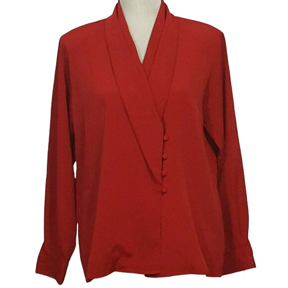 Vintage Sassoon Blouse Size 8 Red Long Sleeve  V-neck Covered Buttons  Paris N.Y - Picture 2 of 7